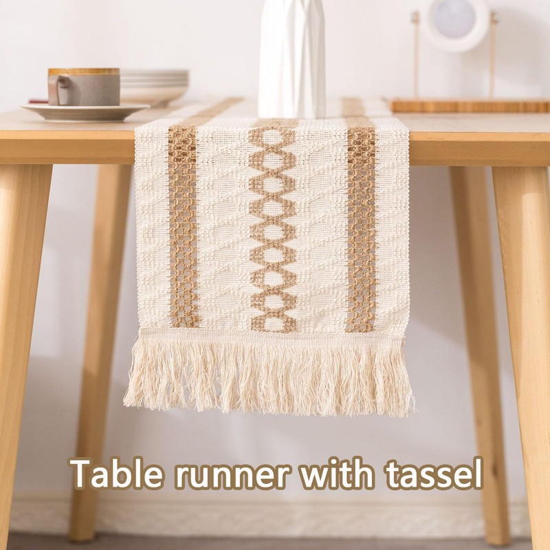Elegant Table Runner with Long Tassels Cotton Linen Table Runner