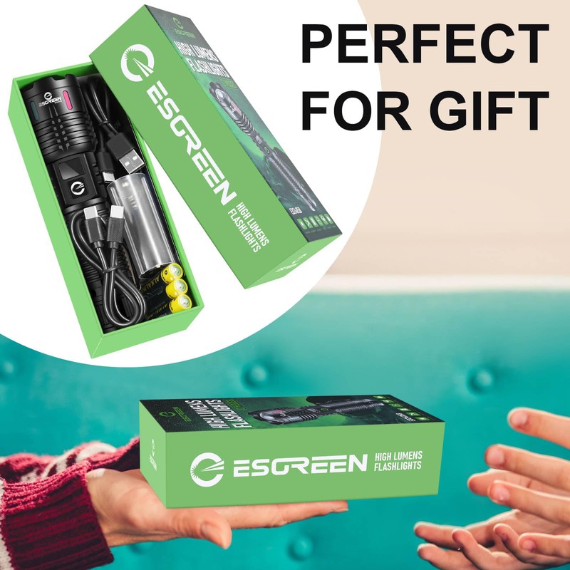 Esgreen Rechargeable Flashlights High Lumens 2000 Single 2 Modes, Super