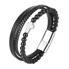 Flongo Leather Bracelet Men's Cross: Natural Stone Leather Bracelet Beads Black Silver Multilayer Cross Pendant Bracelet Men Ball Jesus Jewellery Lucky Charm Gift for Men Women Christmas, Leather