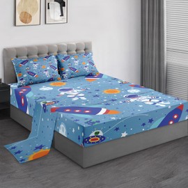 Pamnest Queen Size Bed Sheet Sets, Space Moon Astronaut 4 Pcs Bedding Sets for Kids and Adults Bedroom Bed Decor, Cartoon Science Galaxy Flat, Fitted Sheet and 2 Pillowcases