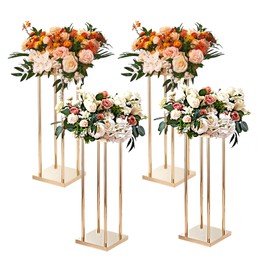 VEVOR 4PCS Gold Metal Column Wedding Flower Stand, 31.5inch High with Metal Laminate, Vase Geometric Centerpiece Stands, Cylindrical Floral Display Rack for Events Reception, Party Road Leads