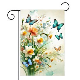 BlissYard Spring Garden Flag Double-Sided 12x18 Inch Daffodils Blue Butterflies Flags Outdoor Decoration for Seasonal Lawn Patio Yard