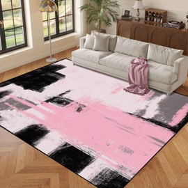 FUYEUN 5' x 7' Abstract Area Rug Pink and Black Throw Rugs for Girls Classroom Bedroom Dorm Living Room Home Office Playroom Teens Carpet Home Decor Washable, 63" x 83"