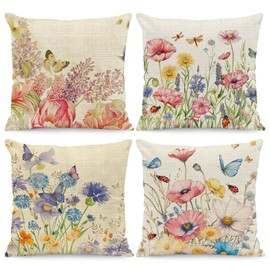 BREASOME 18x18 Inch Floral Butterfly Pillow Covers Set of 4 - Garden Print Linen Blend Pillowcase for Sofa/Patio Decor (Indoor & Outdoor Use)