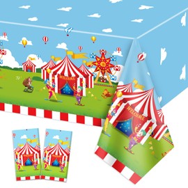 QUERICKY 2 Pack Circus Theme Tablecloths, 51x87'' Carnival Plastic Disposable Rectangle Table Cover, Red and White Striped Table Cloth for Kids Birthday Party, Carnival Party Supplies