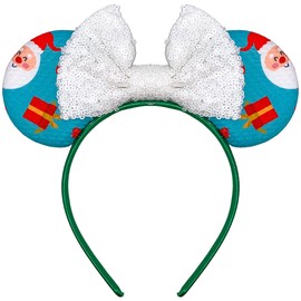 Blue Christmas Pattern Mouse Ear Headband, White Sequin Festive Holiday Hair Accessory for Women or Girls, One Size Fits Most