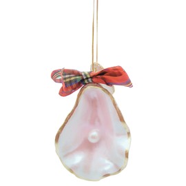 Resin Oyster Shell with Plaid Ribbon Christmas Ornament, Nautical Theme, Holiday Décor, 4 Inches