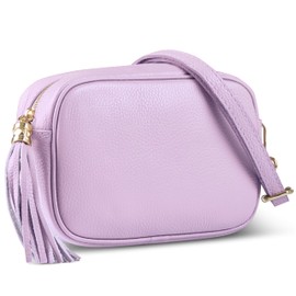 Italian Genuine Leather Crossbody Bag for Women with Zipper, Strap & Tassel | Small Camera Purse Shoulder Handbag Pocketbook (Lilac)