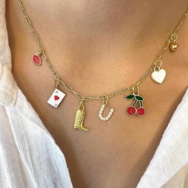 Gold Initial Charm Necklace for Women Beach Letter Necklace Boho Gold Charms Pendant Western Cowgirl Cherry Heart Fruit Choker Necklace Charms Necklaces for Teen Girl Gifts Country Concert Outfits for Women (U)