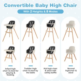HONEY JOY Baby High Chair, 6-in-1 Eat & Grow Wooden Highchair/Toddler Chair with Removable Tray, 5-Point Harness, PU Cushion and Footrest, Convertible High Chair for Babies and Toddlers(Black)
