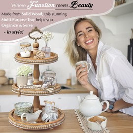 [3-in-1] Wooden Tiered Tray Stand - Beaded 3 Tiered Tray Decor Wood Cupcake Stand for Farmhouse Country Rustic Home - 3 Tier Stand [with 3 Changeable Handles] by Felt Creative Home Goods (Brown)
