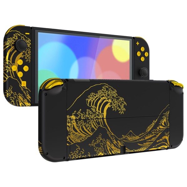 eXtremeRate Full Set Shell for Nintendo Switch OLED, Console Back Plate & Kickstand, NS Joycon Handheld Housing with Buttons for Nintendo Switch OLED (The Great GOLDEN Wave Off Kanagawa - Black)