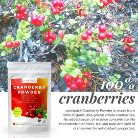 powbab Cranberry Powder from 100% USA Grown Organic Dried Cranberries. No Added Sugar. Pure Fruit, Unsweetened Cranberry Supplement for Urinary Tract Health for Women. Not Freeze Dried. (3.5 Oz)