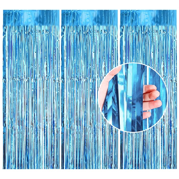 3 Pack Foil Fringe Curtains, 1 x 2.5 m Metallic Tinsel Curtains Shimmer Streamers Curtain, Party Photo Backdrop Curtain for Wedding Birthday Party Door Windows Decorations (Blue)