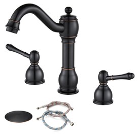 gotonovo Bathroom Faucet for Sink 3 Hole Oil Rubbed Bronze Deck Mounted with Pop Up Drain Double Lever Handle Vanity Mixer Tap Basin Lavatory Victorian Vintage Faucet with Hot and Cold Water Hose