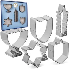 Stainless Steel Hanukkah Cookie Cutters, 5 Hanukkah Menorah, Dreidel, Chanuka Candle, Star, Maccabee Shield Shaped Cookie Cutters (4-Pack)