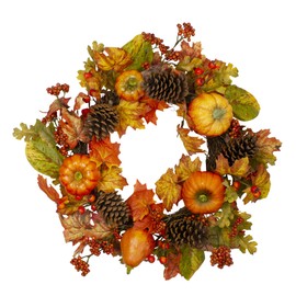 Orange Pumpkins, Pine Cones and Berries Fall Harvest Wreath - 24 inch, Unlit