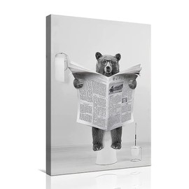 WADBTP High Ground Cow Bathroom Decoration Pictures, Modern Black and White Animal Bathroom Wall Decoration Poster, Toilet Cow Reading Newspaper Home Decoration Pictures, Frameless (Bear, 20X30CM*1)