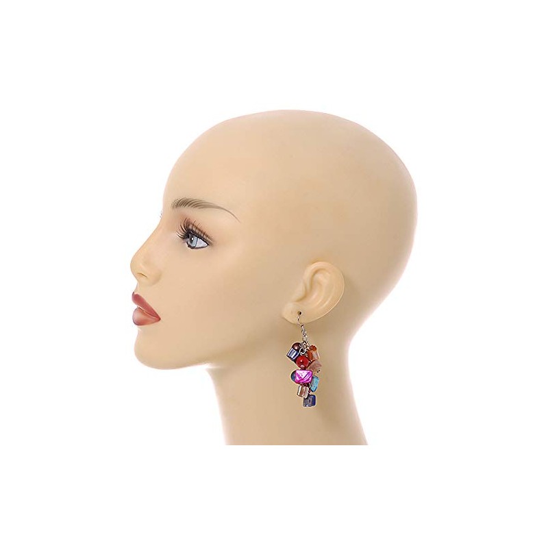 Multicoloured Glass Bead, Shell Nugget Cluster Dangle Earrings/Silver Tone/ 60mm