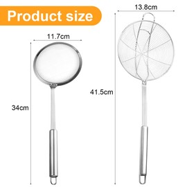 Set of 2 Stainless Steel Skimmer Ladle, Spider Web Ladle, 14 cm Spider Strainer Skimmer Ladle and 12 cm Fine Sieve Skimmer Spoon, for French Fries, Pasta, Meat, Seafood