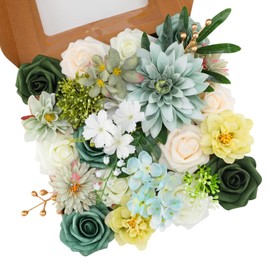 Floweroyal Flores Artificiales Combo Flores Verdes Mezcla Flores de Seda Dalias Rosas con Tallos para Ramos de Novia DIY de Boda, Baby Shower, Arreglos Florales, Centros de Mesa, Decoraciones para el