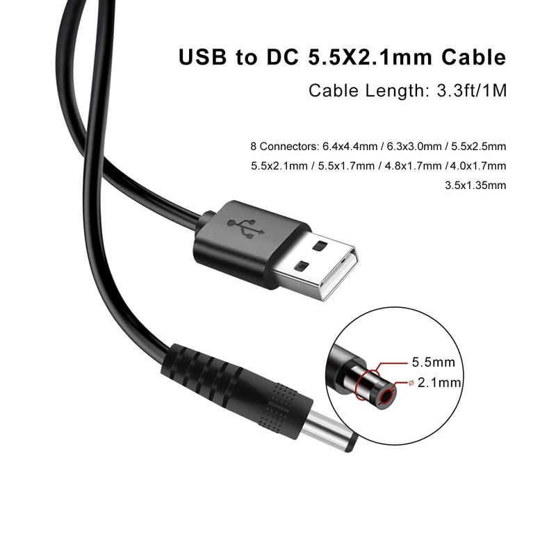 Lantisri 5V DC Power Cable, USB to DC 5.5x2.1mm Plug