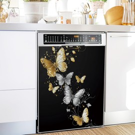 Retro Golden Butterfly Dishwasher Magnet Cover,Silver Butterfly Dishwasher Magnet Kitchen Art Decor, Waterproof Dishwasher Refrigerator Magnetic Sticker 23 W x 26 H Inch