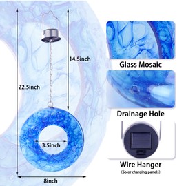 Yinns Mosaic Bird Feeders for Outside Hanging Fly Through Bird Feeder with Round Shape Solar Birdfeeder for Yard Garden Decor Bird Lvoers Gifts, 8-Inch Bule