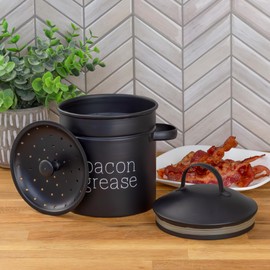 AuldHome Design Farmhouse Bacon Grease Container (Black), Enamelware Bacon Grease Can w/ Strainer, Vintage Style, Keto-Friendly