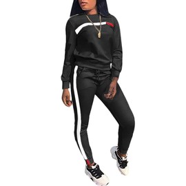 KANSOON Sudadera de dos piezas con cuello redondo y pantalones largos ajustados a rayas para mujer, Negro, XXL