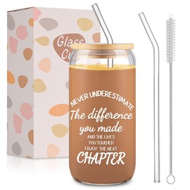 Yiyiring Retirement Glass Coffee Cup 2025 Happy Retirement Gift for Women Men 16oz Glass Cup with Straw, Straw Brush and Box, Going Away Gifts for Women Men Work Friends Boss Coworkers Colleague