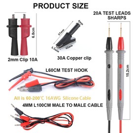 Yubone - Juego de cables de prueba para multímetro, apilable, con pinzas de cocodrilo de 30 A, sonda de mini ganchos, material de silicona suave