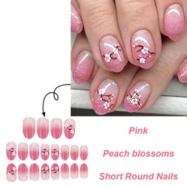 24Pcs Short Press on Nails Oval Fake Nails with Cherry Blossom Design Glitter Pink Glue on Nails Cute False Nails Spring Flower Acrylic Nails Almond Artificial Stick on Nails for Women Nail Decoration