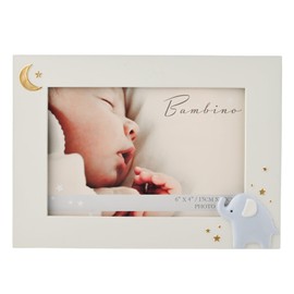 Bambino by Juliana White Rectangular Horizontal Picture Photo Frame with Elephant Icon - 6" x 4". Gift and Display Frame Celebrating New Born Babies, Memories, Family & Love.