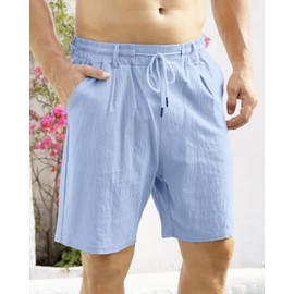 TAFLE Mens Linen Shorts Casual Elastic Waist Drawstring Lightweight Vacation Summer Beach Shorts with Pockets Blue