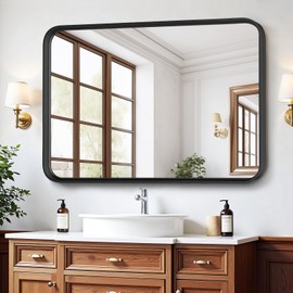 Bathroom Mirror for Wall, 36x24 Inch Rounded Rectangle Mirror, Black Metal Framed Bathroom Vanity Mirror for Restroom Farmhouse, Anti-Rust, Tempered Glass, Horizontally or Vertically Hanging