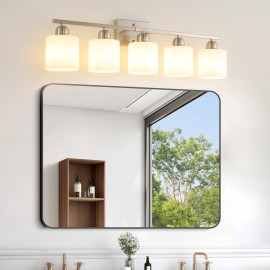 Milk Glass Bathroom Vanity Light Over Mirror, 5 Light Matte Chrome Bathroom Light Fixtures with Frosted GlassLamp Sizes: Middle, Lamp Power(W): 60, Body color: Chrome