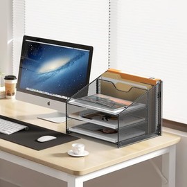 Samstar - Organizador de escritorio para archivos, con rejilla, soporte para carpetas de cartas con 3 bandejas de papel y 2 secciones verticales, para