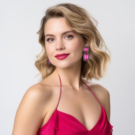 VANGETIMI Vintage Rhinestone Statement Earrings Formal Crystal Drop Dangle Earrings Evening Prom Pageant Earrings for Women (Hot Pink-black1)