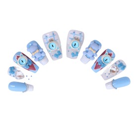 PN-011 Press-On Nails Lacquered 10 Pieces Reusable False Nails Y2K Monster Cat's Eye Teddy White Blue