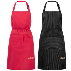 Viedouce Pack of 2 Aprons, Waterproof Cooking Apron with Pockets, Adjustable Kitchen Apron, BBQ Apron, Bib Apron, Kitchen Apron for Women, Men, Chefs, Durable & Easy to Clean, Black & Red