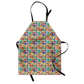 Lunarable Psychedelic Apron, Retro Groovy Abstract Geometric Essential Repeating Pattern Colorful and Funny, Unisex Kitchen Bib Apron with Adjustable Neck for Cooking Baking Gardening, Multicolor