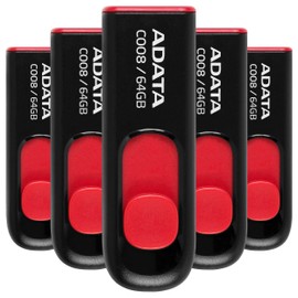 PSA COMPUTO Y PAPELERIA Kit 5 Piezas Memoria USB Adata C008 64gb 2.0 Negro Y Rojo Unidad Flash Classic Diseño Elegante, facil de Usar sin Tapa para Todo Tipo de computadora, KIT5AC008-64G-RKD