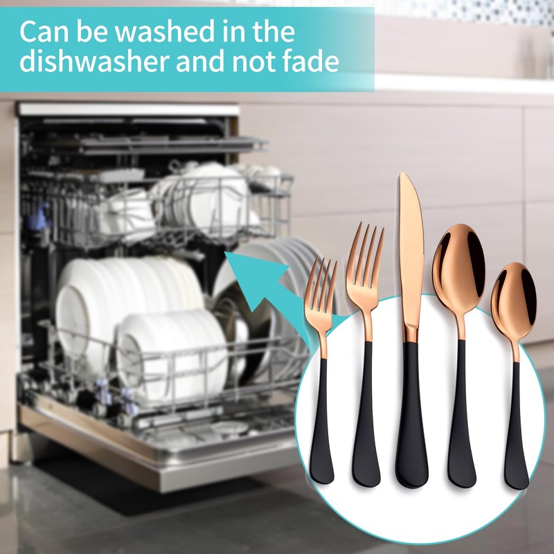 MDEALY 20-Piece Rose Gold and Black Silverware Set for 4