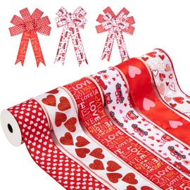 Oairse 6 Rolls Valentine's Day Wired Ribbon Set 2.5 inch 30Yards Heart and Love Pattern Fabric Ribbons for Gift Wrapping Crafts Wreath Bow Decorations DIY Projects