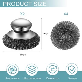 Stainless Steel Scourer With Handle, 2PCS Steel Wool Scrubber with 4 Replacement Pads, 10 CM Stainless Steel Scrubber, Big Metal Wire Wool for Cleaning Kitchen Pots Pans Grills Sink