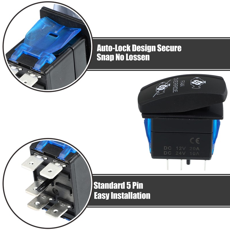 X AUTOHAUX Fan Override Rocker Switch 5Pin On-Off Blue LED