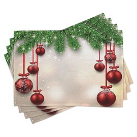 ABAKUHAUS Christmas Place Mats, Red Ball Ribbons, Washable Fabric Dining Room Kitchen Table Decoration Digital Print, Red Green