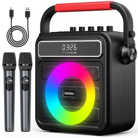 Karaoke Machine for Adults & Kids, w/ 2 Wireless Microphones & Bass/Treble Adjustable Portable Bluetooth Speaker PA System w/RGB LED Lights SYNC Melody, Ideal for Gatherings Courtyard Outdoor & Gift