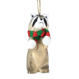 Wooden Raccoon Christmas Tree Ornament – Hand‑Carved Look with Knit Scarf & Pom Poms, 4 in Tall, Rustic Holiday Decor for Tree, Mantel or Tiered Tray – Gift Box Included, Woodland Animal Ornament